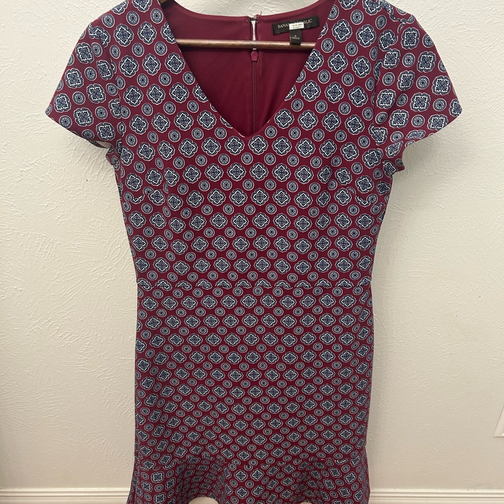 Banana Republic Burgundy and Blue Patterned Dress